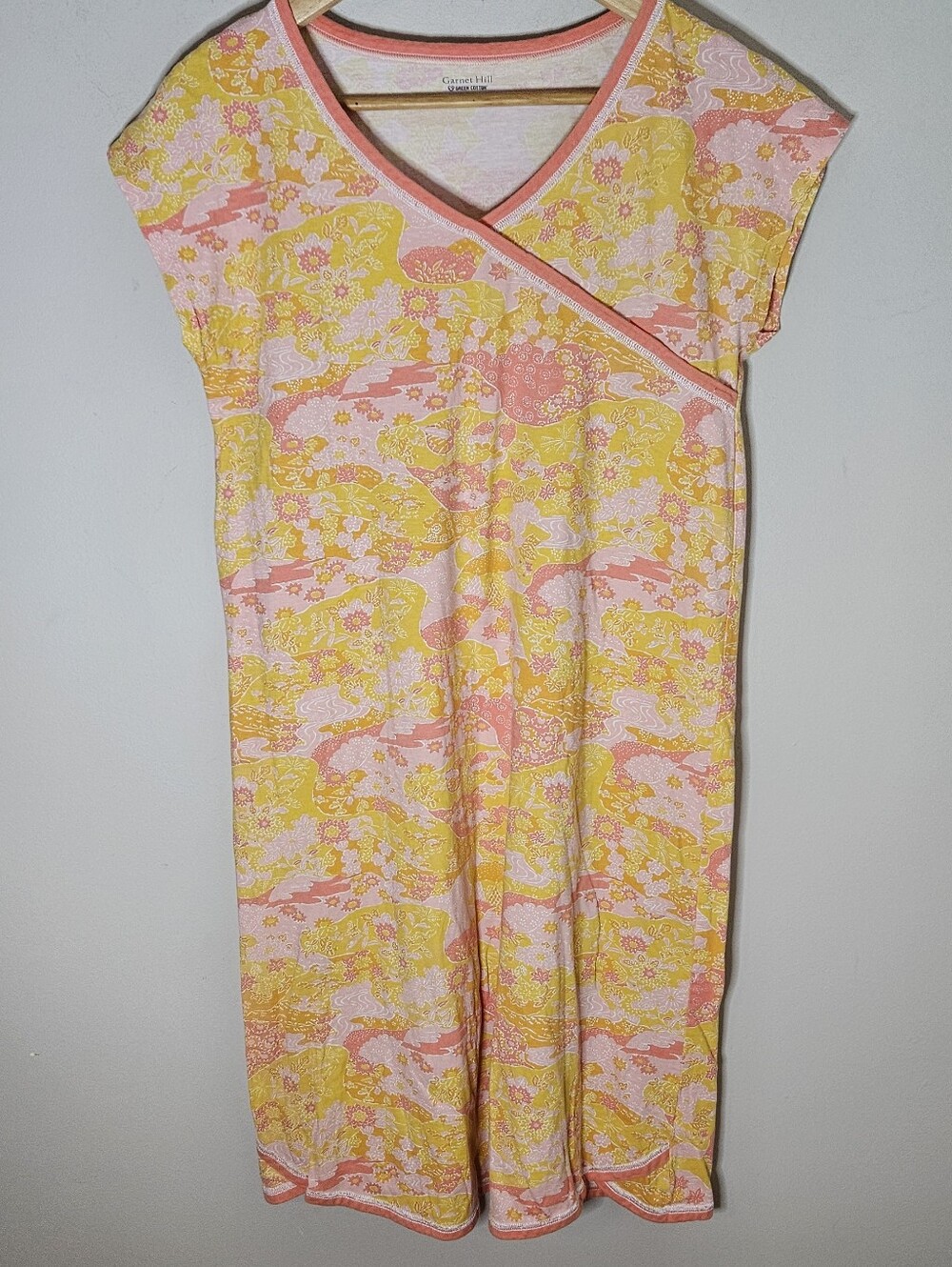 Garnet Hill Asian Wrap Organic-Cotton Night Gown Yellow Pink Women's Small S